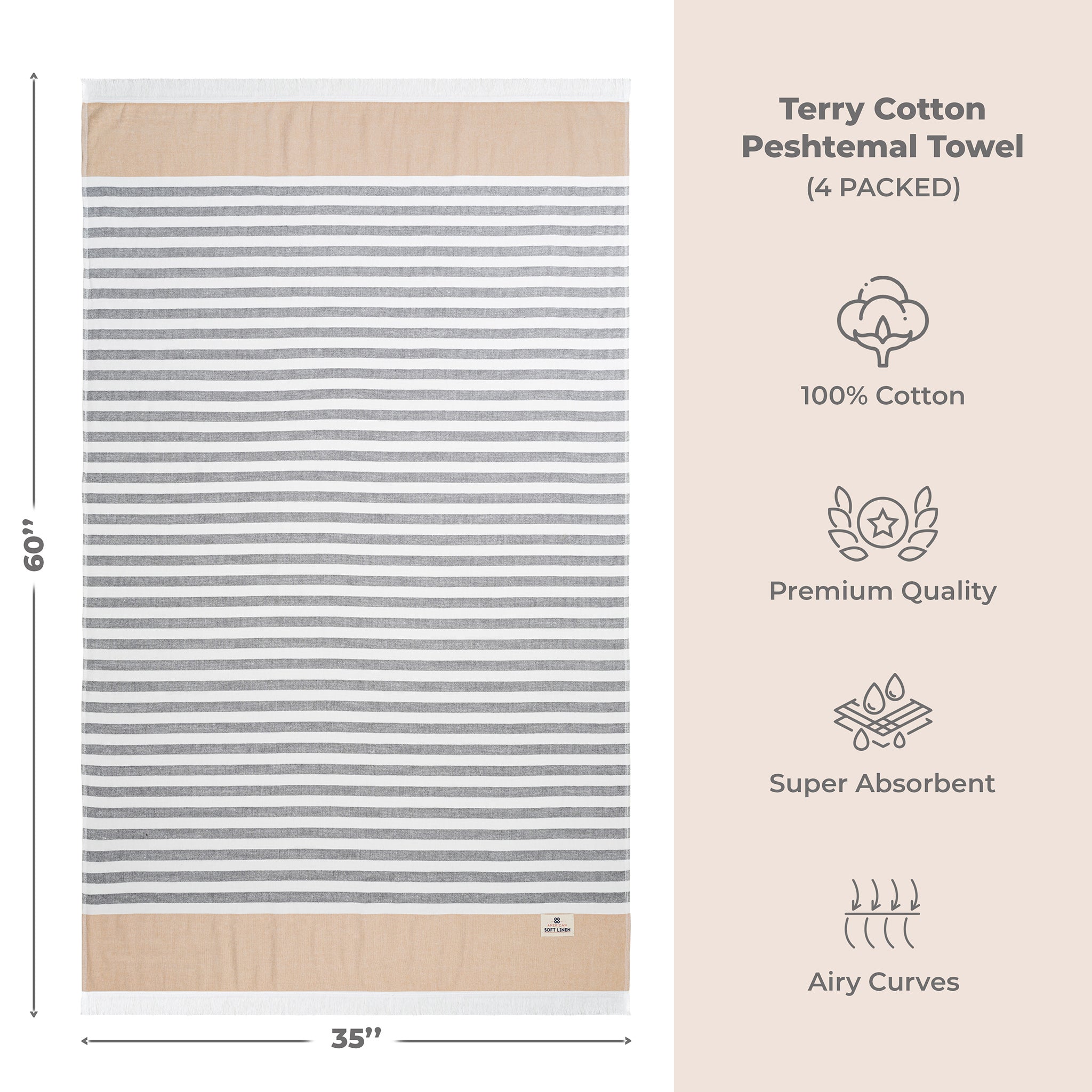 4 Packed Terry Peshtemal and Premium Beach Towel, Mediterranean Cotton Turkish Peshtemals, 35" x 60", Modern & Traditional Turkish Bath Towels