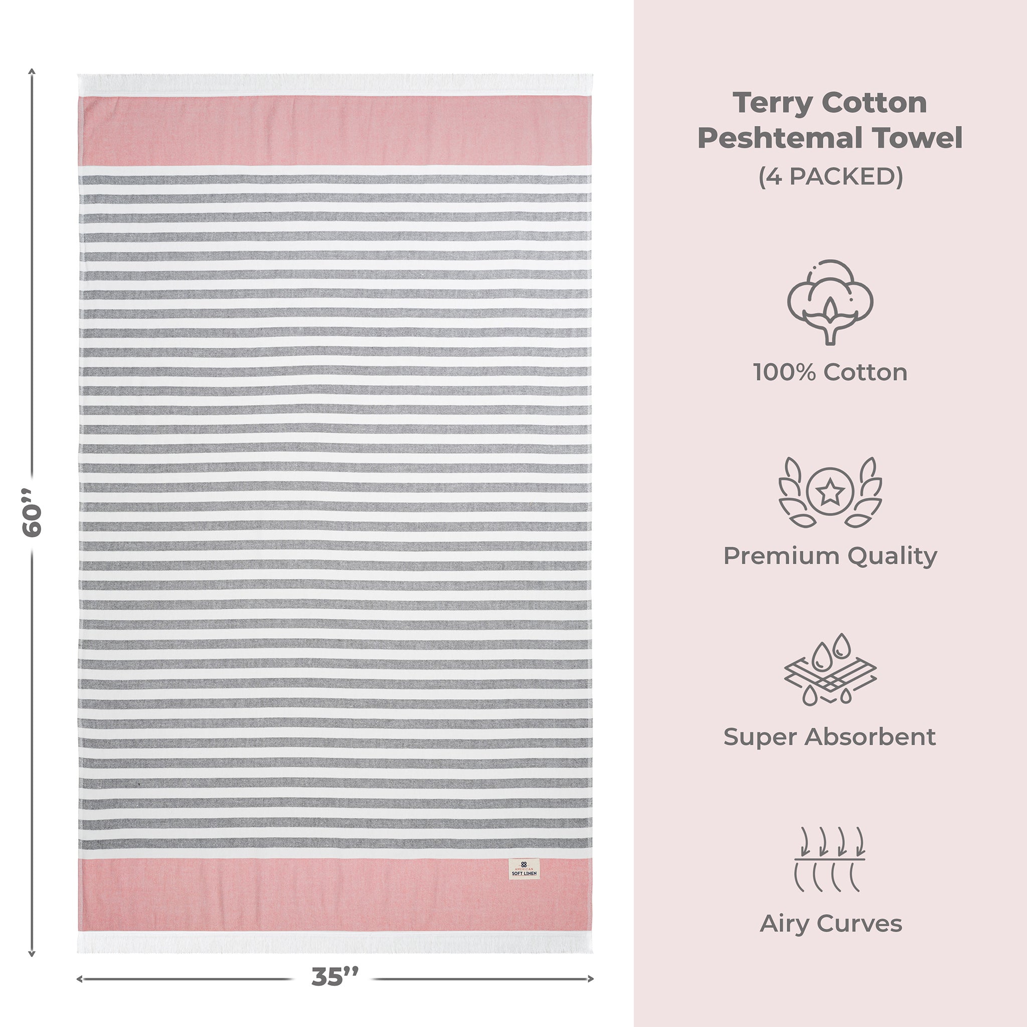 4 Packed Terry Peshtemal and Premium Beach Towel, Mediterranean Cotton Turkish Peshtemals, 35" x 60", Modern & Traditional Turkish Bath Towels
