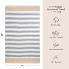 4 Packed Terry Peshtemal and Premium Beach Towel, Mediterranean Cotton Turkish Peshtemals, 35" x 60",  Modern & Traditional Turkish Bath Towels