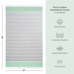 4 Packed Terry Peshtemal and Premium Beach Towel, Mediterranean Cotton Turkish Peshtemals, 35" x 60",  Modern & Traditional Turkish Bath Towels