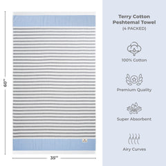 4 Packed Terry Peshtemal and Premium Beach Towel, Mediterranean Cotton Turkish Peshtemals, 35" x 60",  Modern & Traditional Turkish Bath Towels