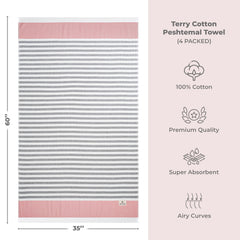 4 Packed Terry Peshtemal and Premium Beach Towel, Mediterranean Cotton Turkish Peshtemals, 35" x 60",  Modern & Traditional Turkish Bath Towels
