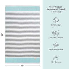 4 Packed Terry Peshtemal and Premium Beach Towel, Mediterranean Cotton Turkish Peshtemals, 35" x 60",  Modern & Traditional Turkish Bath Towels