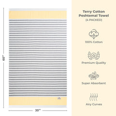 4 Packed Terry Peshtemal and Premium Beach Towel, Mediterranean Cotton Turkish Peshtemals, 35" x 60",  Modern & Traditional Turkish Bath Towels