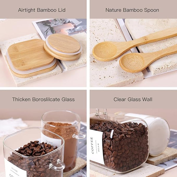 6 Pack Glass Jars with Bamboo Lid and Spoons - 17Oz/27Oz Borosilicate Glass Jars with 132 Pantry Labels - for Coffee Beans, Tea, Sugar & More
