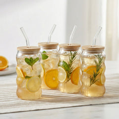 Lilly Set of 4 Glass Sippers - 18oz. with Bamboo Lid