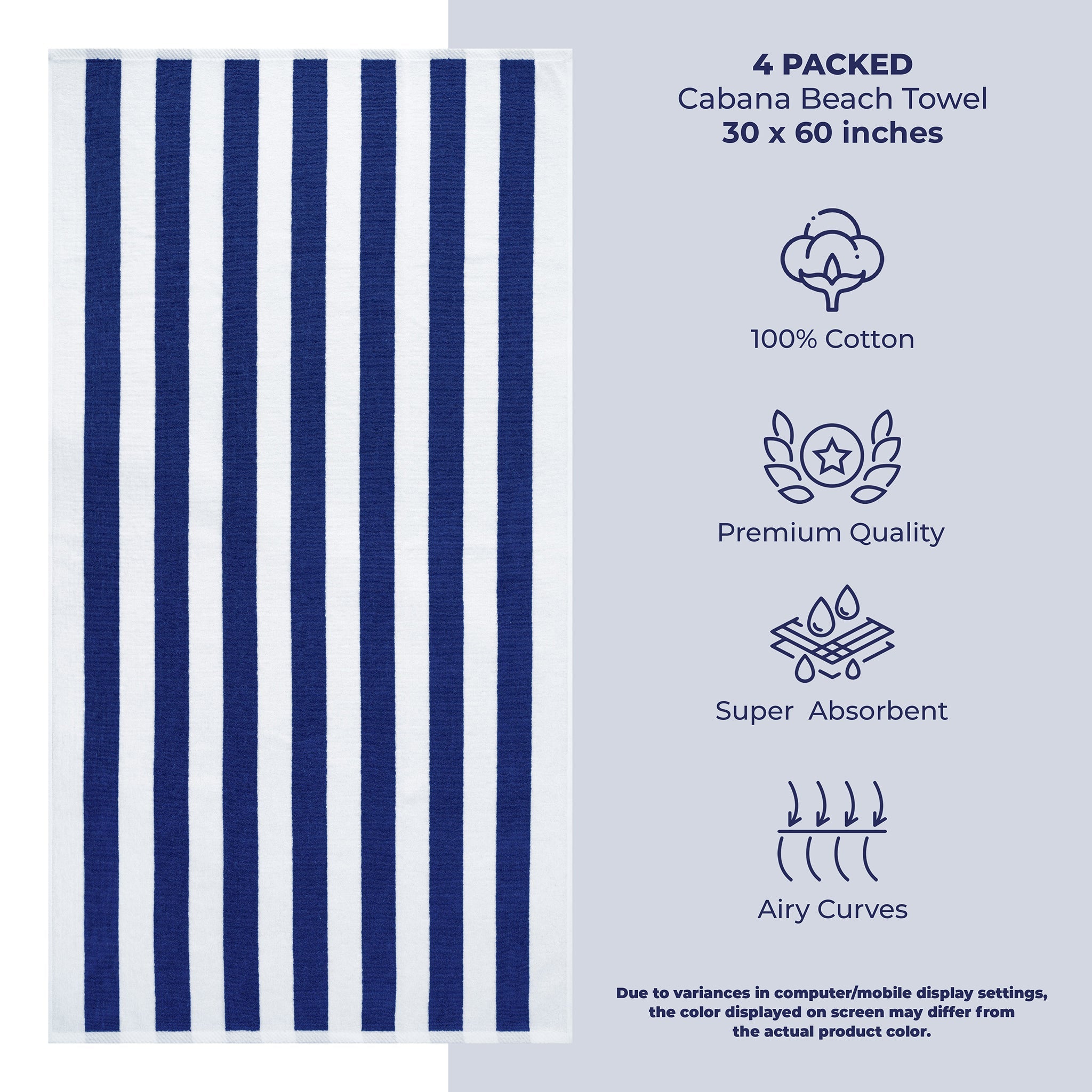 American Soft Linen, Premium Cotton 4 Pack Beach Towels, 30" x 60" Cabana Striped Pool Towels