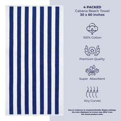 American Soft Linen, Premium Cotton 4 Pack Beach Towels, 30" x 60" Cabana Striped Pool Towels