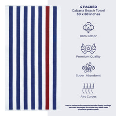 American Soft Linen, Premium Cotton 4 Pack Beach Towels, 30" x 60" Cabana Striped Pool Towels