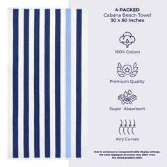 American Soft Linen, Premium Cotton 4 Pack Beach Towels, 30" x 60" Cabana Striped Pool Towels