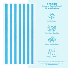 American Soft Linen, Premium Cotton 4 Pack Beach Towels, 30" x 60" Cabana Striped Pool Towels