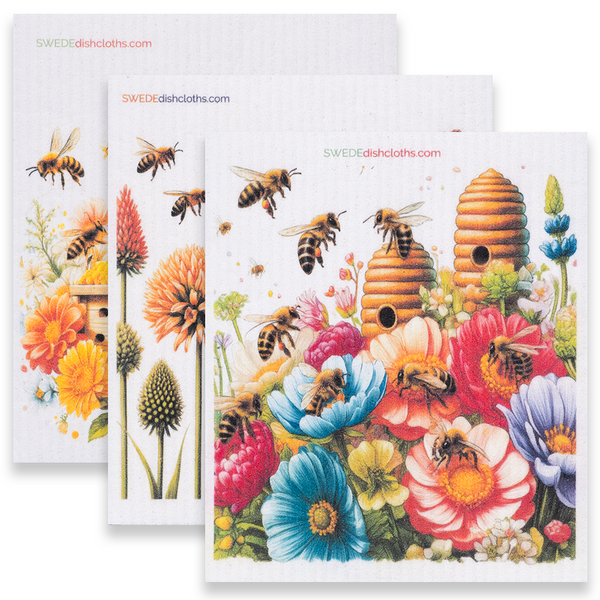 Eco-Friendly Swedish Dishcloths - Mixed Bees Set of 3 (Paper Towel Replacements, One of Each Design)