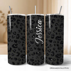 Black Glitter Leopard Print 20oz Personalized Tumbler With Lid and Stainless Steel Straw, Bold Animal Pattern Gift Cup