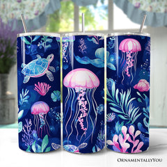 Ocean Jellyfish and Sea Turtle 20oz Personalized Tumbler With Lid and Stainless Steel Straw, Underwater Coral Reef Gift Cup