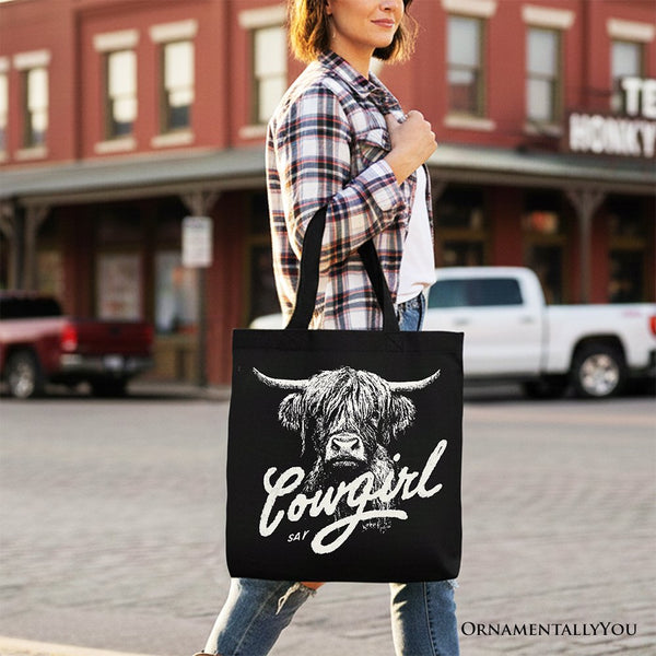 Highland Cow Vintage Cowgirl Canvas Tote Bag, Western Country Gift Shopper For Women