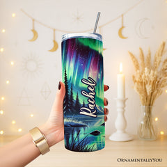 Majestic Moose Under Northern Lights 20oz Personalized Tumbler With Lid and Stainless Steel Straw, Enchanted Christmas Gift Cup