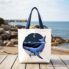 Moonlit Whale Vintage Tote Bag, Night Ocean Retro Gift Shopper