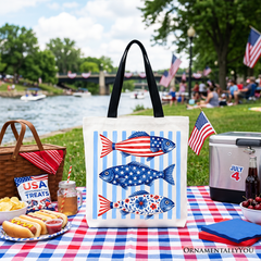Patriotic Fish Striped Tote Bag, 4th of July Beach Gift Shopper