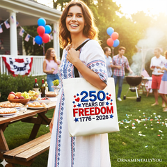 250 Years Freedom Faux Varsity Patch Tote Bag, 4th of July USA Patriotic 1776–2026 Gift Shopper