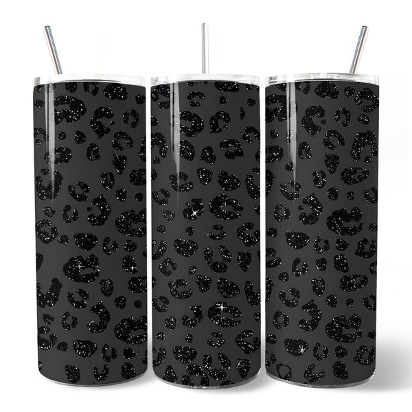 Black Glitter Leopard Print 20oz Personalized Tumbler With Lid and Stainless Steel Straw, Bold Animal Pattern Gift Cup