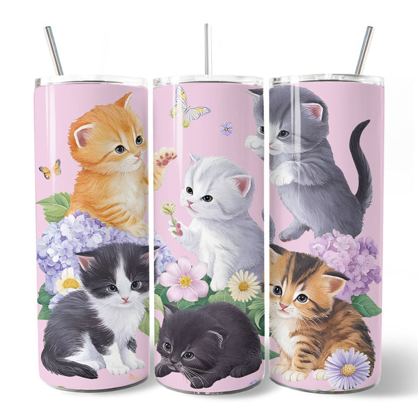 Cute Kittens Wildflower 20oz Personalized Tumbler With Lid and Stainless Steel Straw, Cottagecore Botanical Cat Gift Cup