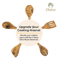Olive Wood Utensil Set 5-Piece Hand-Carved Kitchen Servers, Durable