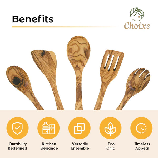 Olive Wood Utensil Set 5-Piece Hand-Carved Kitchen Servers, Durable