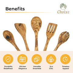 Olive Wood Utensil Set 5-Piece Hand-Carved Kitchen Servers, Durable