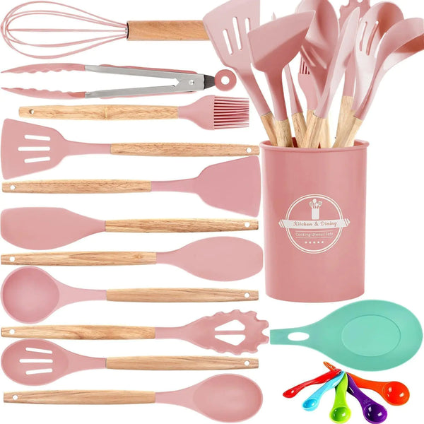 Silicone Kitchen Utensils Set – Heat Resistant, Light Pink
