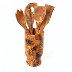 Olive Wood Kitchen Utensil Set 6-Piece Hand-Carved Servers With Holder